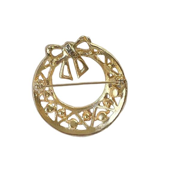2000 Lia Sophia Gold Plate Red & Green Rhinestone Christmas Wreath Holiday Pin - Picture 2 of 3